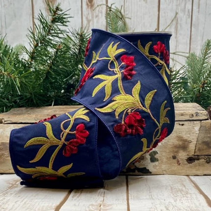 Navy w Red and Green Flower Ribbon