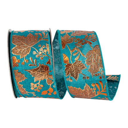 Teal Metallic Copper Color Leaves Ribbon