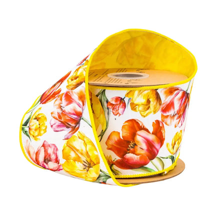 Wired Ribbon Tulips On White w Yellow Back