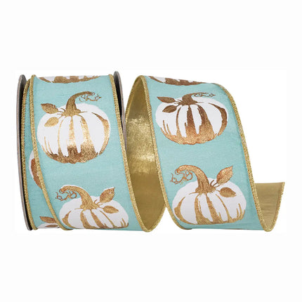 White w Gold Gilded Pumpkins Ribbon