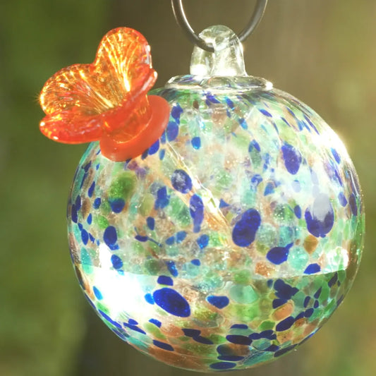 Round Turquoise Art Glass Hummingbird Feeder