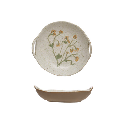 Stoneware Plate w Handles and Botanicals