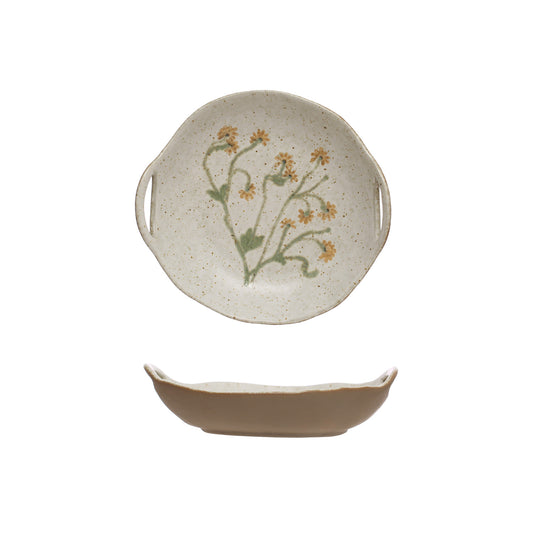 Stoneware Plate w Handles and Botanicals