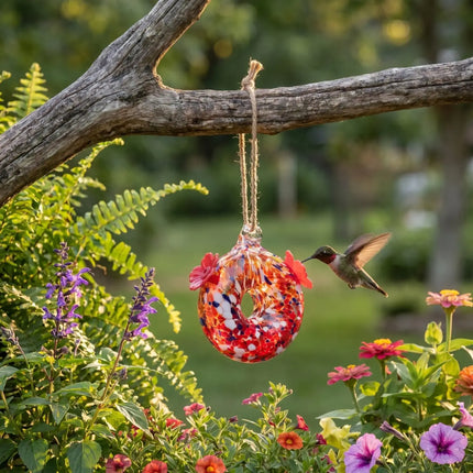 Round Red Art Glass Double Hummingbird Feeder