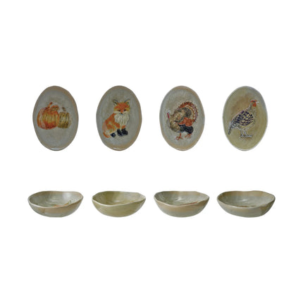 Hand-Painted Stoneware Dish with Animal/Pumpkins