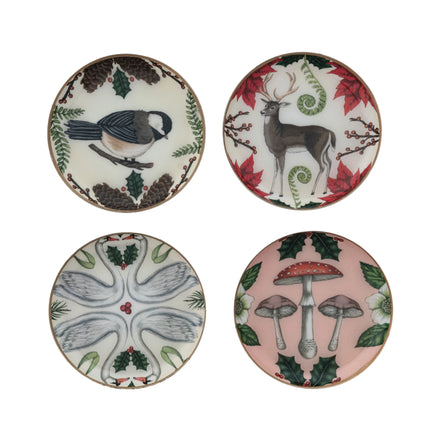 Enameled Metal Dish Coaster with Seasonal Botanicals Animals & Gold Edge
