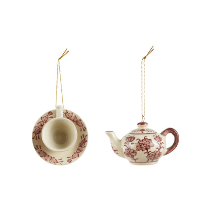 Stoneware Teapot/Teacup Ornament w Botanical Pattern